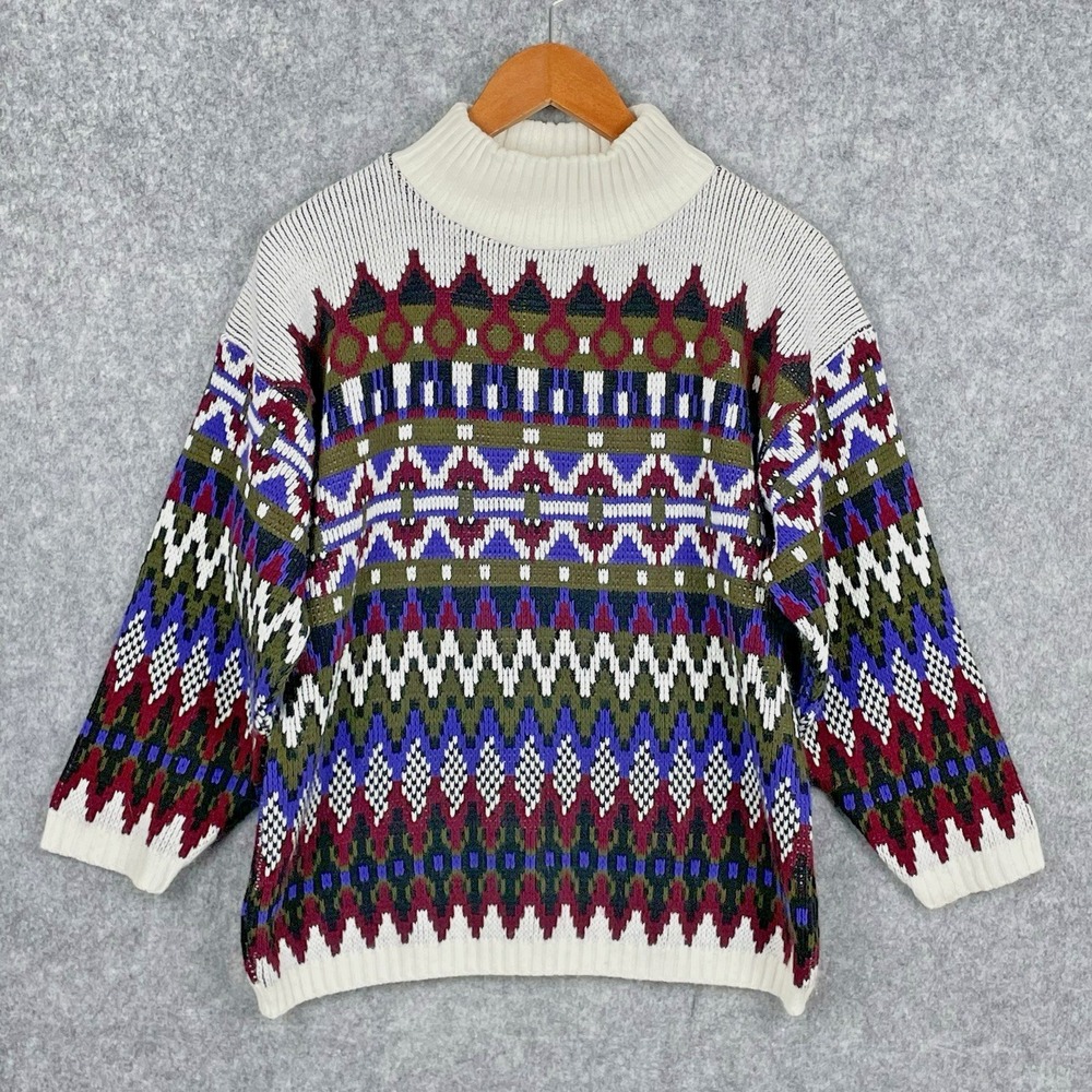 Vintage Croquet Club Fair Isle Mock Neck Sweater Women L Twee Geometric USA Made